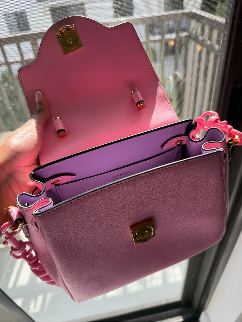 Versace Pink Leather Top-Handle Satchel with Chain Strap